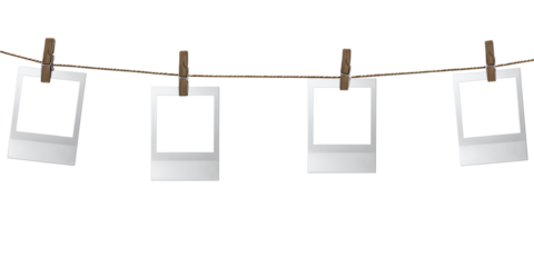 Hanging Polaroid Photo Frames on Rope with Clothespins  Transparent Background

