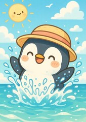 Fototapeta premium Cute penguin enjoying summer splash.