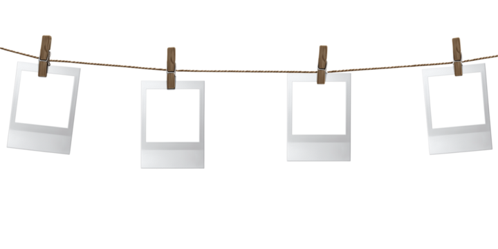 Hanging Polaroid Photo Frames on Rope with Clothespins  Transparent Background

