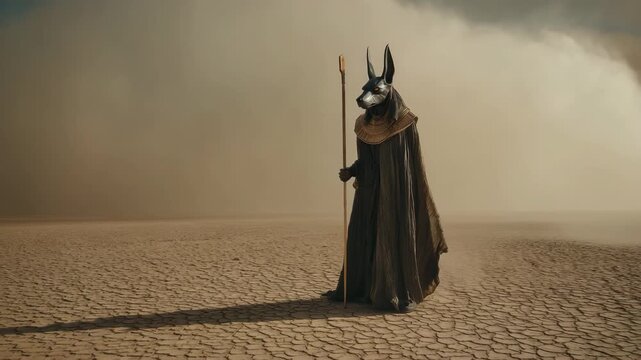 Cinematic shot of Anubis, god of the dead, jackal-headed figure in black and gold robes holding a staff, standing alone in a sandstorm on cracked desert terrain