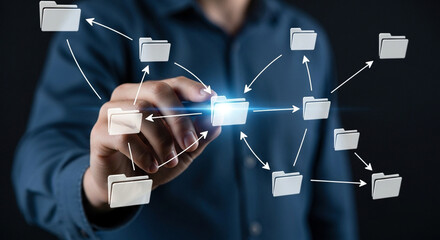 Man interacting with digital network of files, visualizing data flow and connectivity