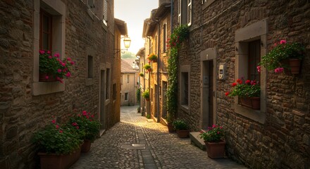 Fototapeta premium Cobblestone alley evokes old world charm. Flowers decorate stonework. Use for travel, design, real estate, or nostalgic themes.