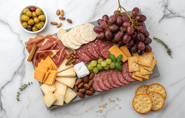 Top-down view of charcuterie board with meats, cheeses, crackers, and grapes on marble surface, elegant gourmet food presentation.