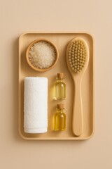 Natural spa essentials arranged on a wooden tray with oils and bathing accessories
