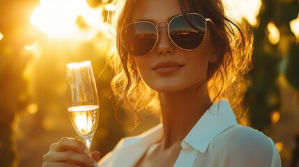 Woman sips sparkler at vineyard