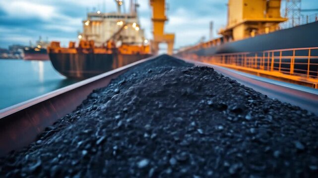 Coal loading onto a ship at a port