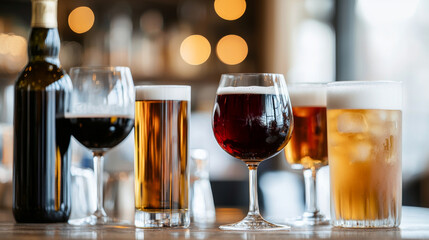 Naklejka premium Variety of alcoholic beverages displayed wooden table, including wine, beer, and cocktails, with blurred background of warm lights creating cozy atmosphere. image subtly conveys prohibition symbol