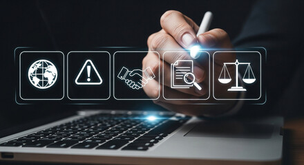 Modern business technology concept with icons representing law and global reach