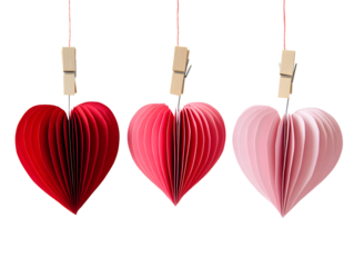Three colorful paper heart decorations hanging from wooden clothespins isolated on transparent background