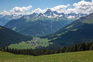 Mountain Valley Landscape Alpine Scenery Green Fields Snow Capped Peaks Nature Tourism Travel Hiking Outdoor Adventure European Alps Scenic Photography
