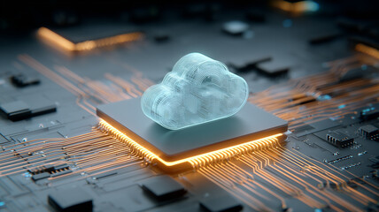 Holographic Cloud Resting on a Glowing Microchip Processor,
symbolizing edge computing power and seamless integration of hardware with cloud services.