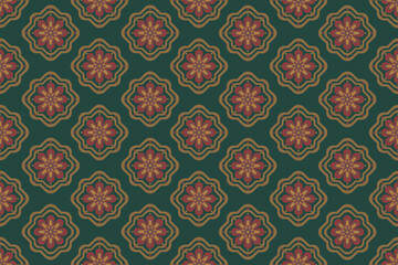 Seamless floral geometric pattern with vintage-inspired elements. Ideal for textile design, wallpaper, gift wrapping, packaging, and digital backgrounds. Elegant, colorful, and perfectly repeating 