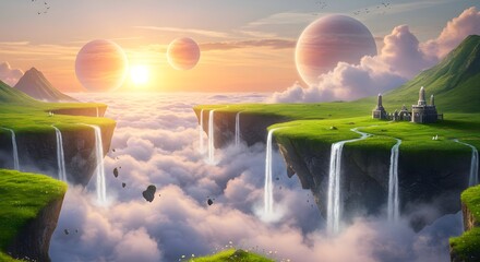 Dreamy Floating Islands: Waterfalls cascade into clouds in this ethereal scene. Planets and castle add fantasy. Great for backgrounds, book covers, web design, editorial.