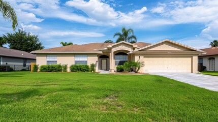 A spacious, well-maintained house with a large lawn, palm trees, and a clear blue sky in the background.