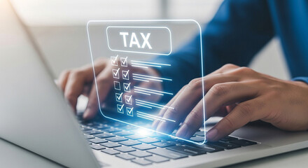 Filing taxes online with checklist on laptop screen, modern technology concept