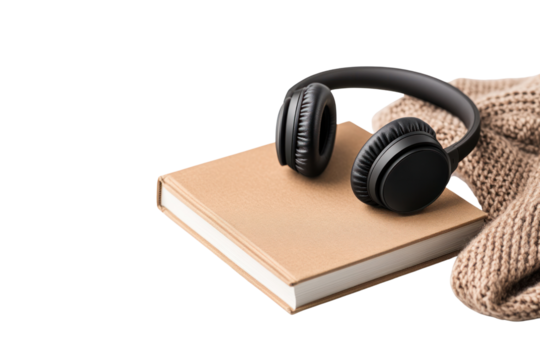 Audiobook Comfort: A cozy still life, presenting a sleek pair of headphones resting invitingly atop a closed book, alongside a soft, knitted fabric.