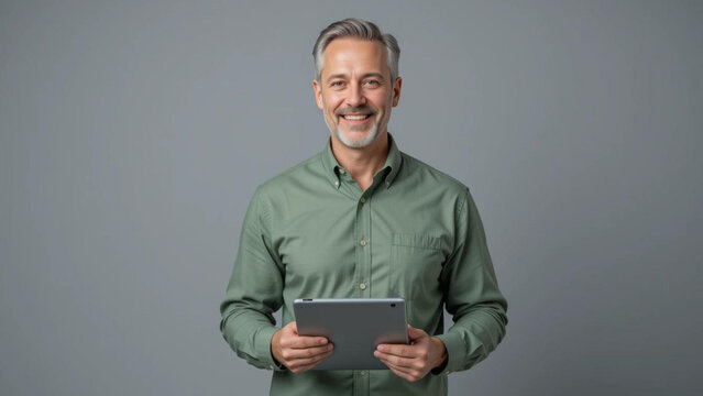 A smiling mature man with gray hair holding a tablet against a plain gray background studio shot
