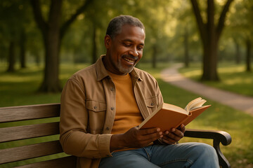 Serene Solitude: An elder man finds solace in reading a book on a park bench, embraced by the soft glow of natural light and the tranquility of a lush green backdrop.