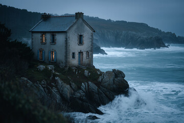 Coastal house on rocky shore illuminated by evening light