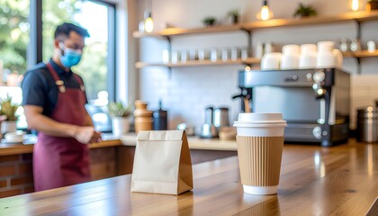 Fototapeta premium A disposable coffee cup and a small brown paper bag are arranged on a coffee shop counter, suggesting items prepared for takeaway or delivery.