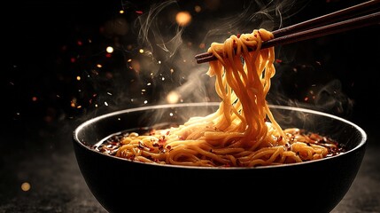 Spicy ramen in a black ceramic bowl, with steaming noodles picked up by chopsticks and chili flakes floating in the air, presenting an appetizing picture.