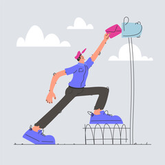 Delivery Guy Putting a Pink Envelope in a Blue Mailbox, Flat Cartoon Style.