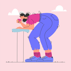 Girl having a coffee break at the table with clouds in the background, cartoon style.