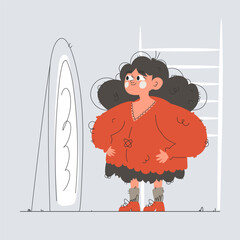 Girl in oversized red sweater looks in distorted mirror, cartoon style illustration.