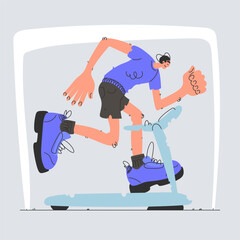 Man Training on Treadmill. Cartoon Style Illustration of Person Running on Treadmill.