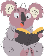 Surprised Koala Reading a Book, Cartoon Illustration of an Adorable Animal