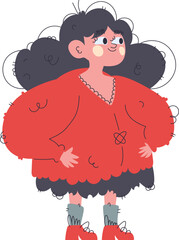 A Sweet Young Girl in a Red Dress, Adorable Cartoon Style Illustration.