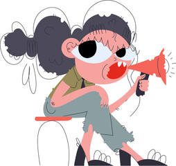 Cartoon Illustration of a Woman Yelling Through a Megaphone, Sitting on a Stool.