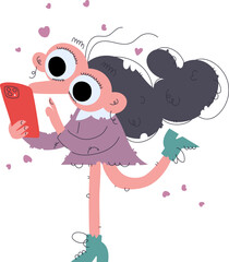 Trendy Girl on the Move, Holding a Phone and Surrounded by Hearts, Expressing Joy.