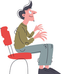 Funny Cartoon Man Sitting on Red Chair with Open Hands, Side View, Vector Art.