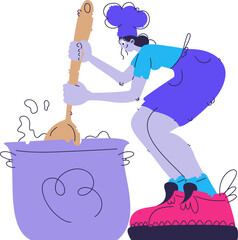 Chef Stirring Food in a Pot with a Wooden Spoon, Cartoon Style Illustration