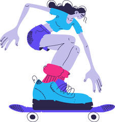 Stylized Cartoon Illustration of a Woman Skateboarding, Leaning Forward for Balance.