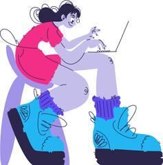 Trendy Woman Working on Laptop with Oversized Boots and a Pink Dress, Creative Style.