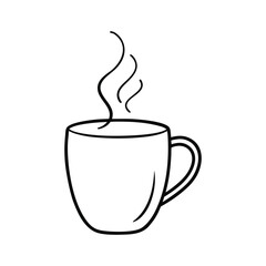 Steaming coffee mug line art isolated on white background