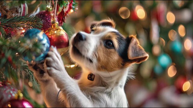 Christmas image of a Jack Russell Terrier dog trying to reach and grab an ornament from a decorated Christmas tree.