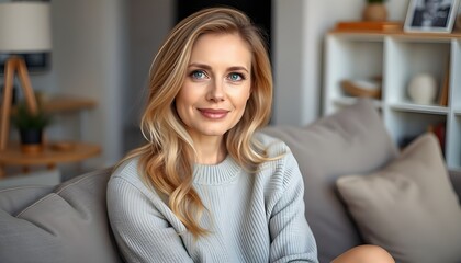 Portrait of a smiling blonde woman in a gray sweater sitting on a couch in a living room