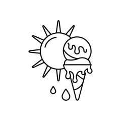 Melting ice cream cone under hot sun icon isolated on white background