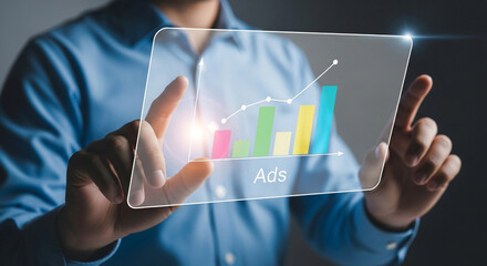 Businessperson analyzing Ads data and growth chart on futuristic digital screen
