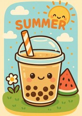 Cute summer bubble tea illustration.