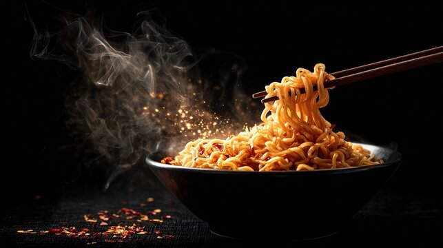 Spicy ramen in a black ceramic bowl, with steaming noodles picked up by chopsticks and chili flakes floating in the air, presenting an appetizing picture.