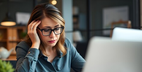 Woman with glasses looking at a laptop with her hand on her head in an office setting