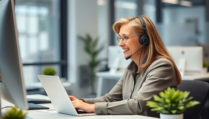 A smiling woman with headset working on laptop at desk in bright office environment setting