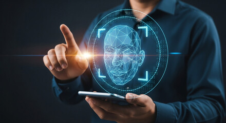 Man accessing facial recognition technology on smartphone, futuristic security concept