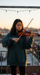 Teen Girl Practicing Violin on Fire Escape