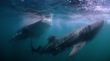 View of two whale sharks feeding on plankton underwater.
