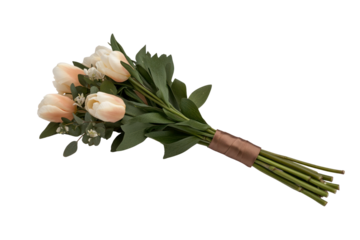 Tulips Bouquet: An elegant bouquet of soft, pastel-colored tulips and green leaves, expertly bound together, symbolizing freshness and beauty. 